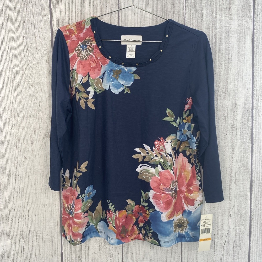 Alfred Dunner Top Womens SMALL Navy Blue Asymetrical Floral 3/4 Sleeve Blouse